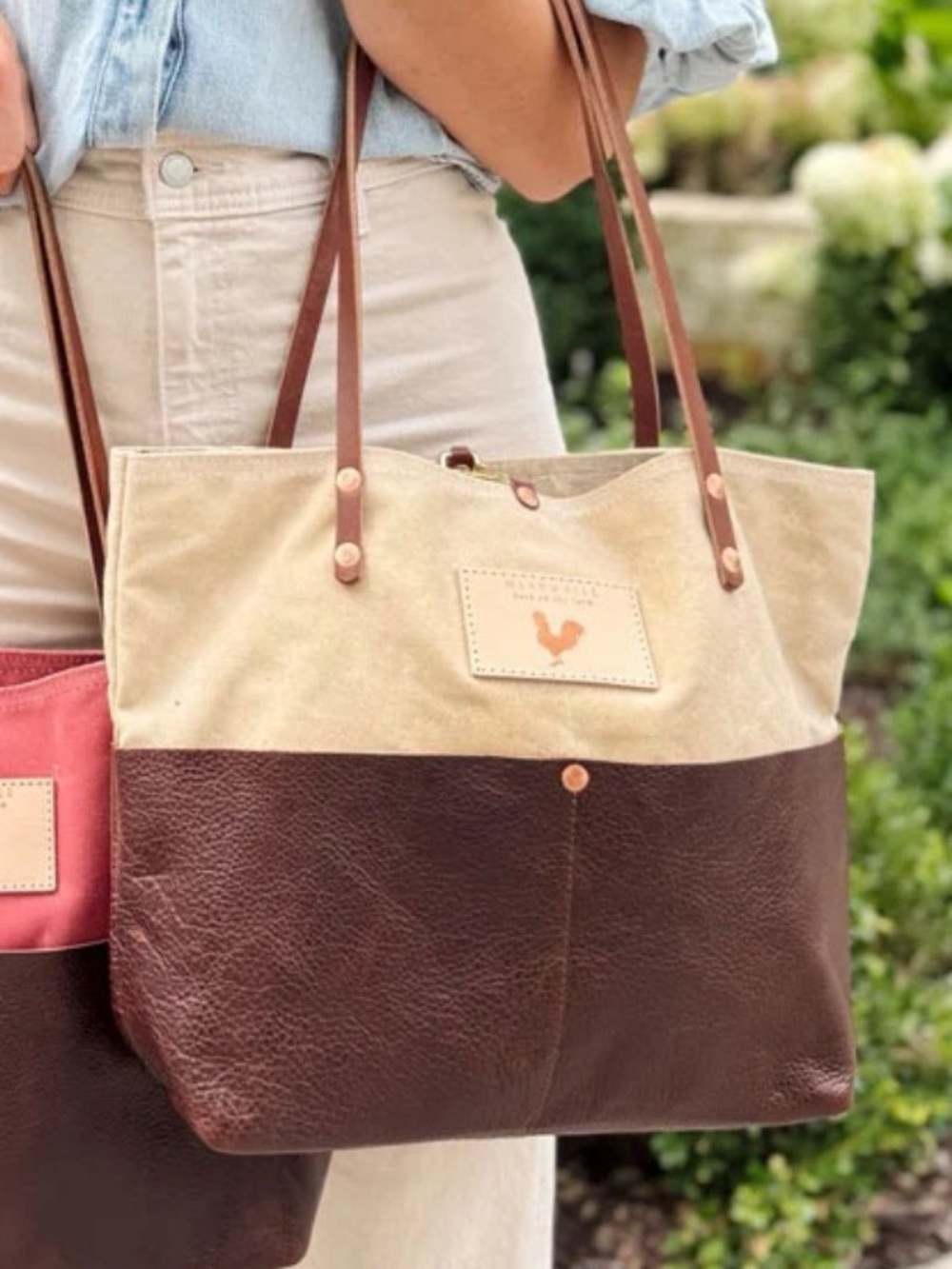 Two-Tone Canvas & Leather Tote Bag in Natural and Dark Brown